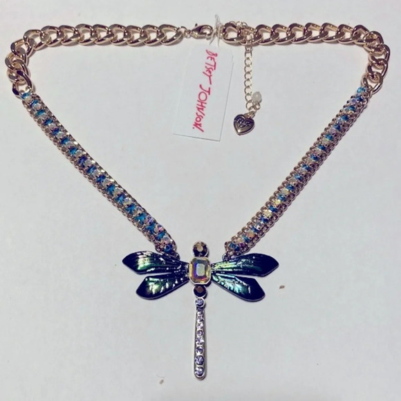 BETSEY JOHNSON SET Hoop Dragonfly Earrings & Matching Necklace AB Crystals NWT - Picture 4 of 13